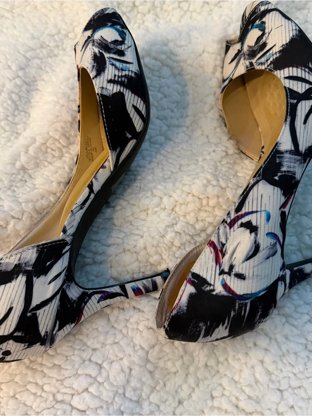 Unisa White Floral Peep-Toe Heels with Black and Blue Accents